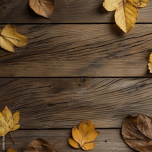 Stimmungsvoller Herbst: Holzplatten als Textfreiraum auf herbstlichem Hintergrund. Warmen Farben und Atmosphäre in gemütlichen Szene photo