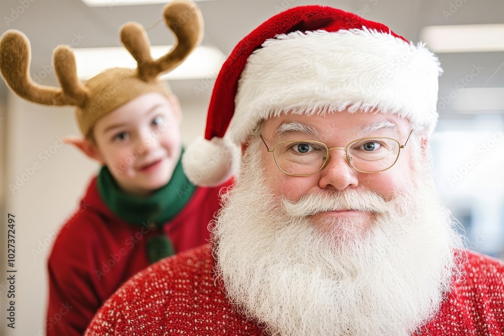 Santa Claus and a cheerful elf celebrating the holiday spirit. Santa Claus and a cheerful elf celebrating the holiday spirit.