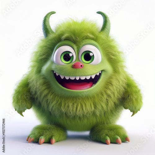 A cheerful green monster with horns smiles broadly, showcasing its playful nature and bright green fur against a stark white background. It's adorable!