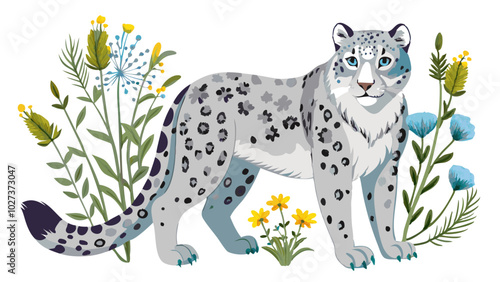 snow leopard with flowers, snow leopard illustration vector, leopard vector art isolated on white