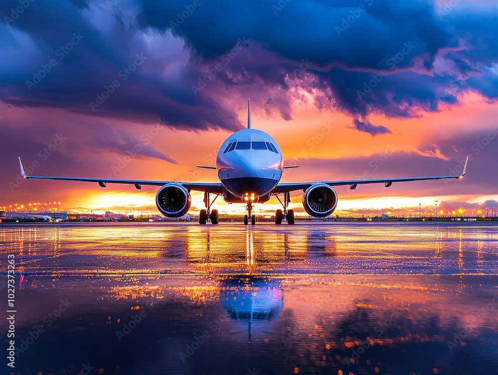 Airplane on Tarmac at Sunset with Golden Hues Airplane on Tarmac at Sunset with Golden Hues