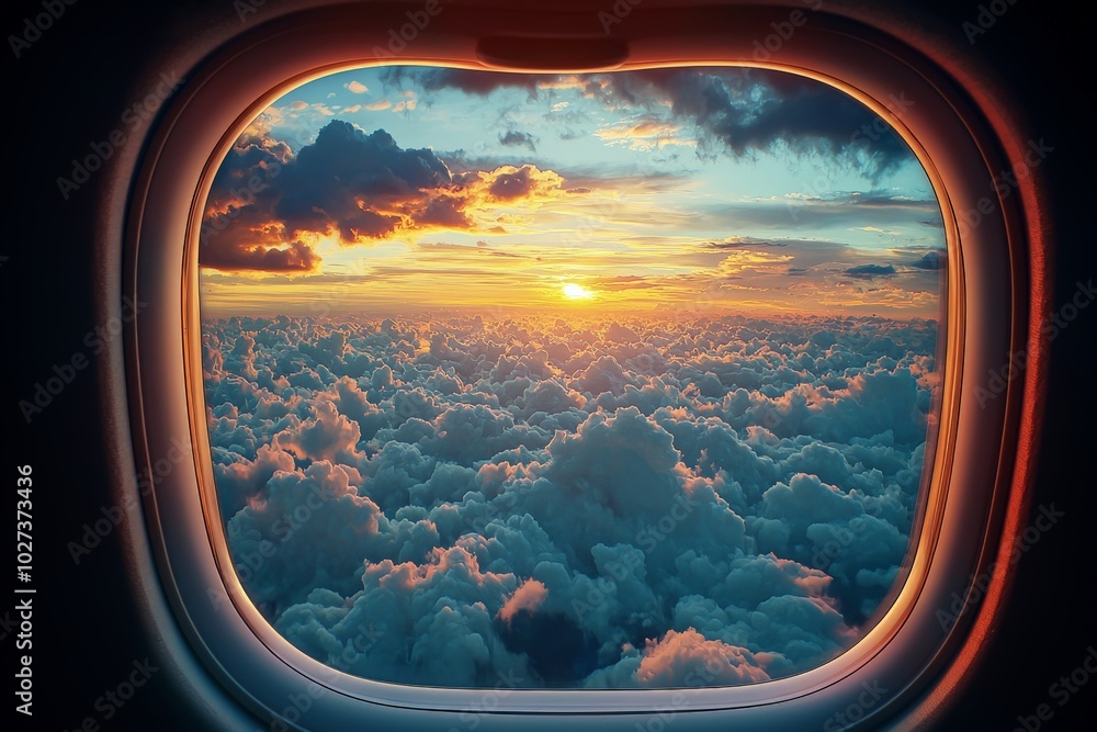 Sunset View from Airplane Window Over Clouds Sunset View from Airplane Window Over Clouds