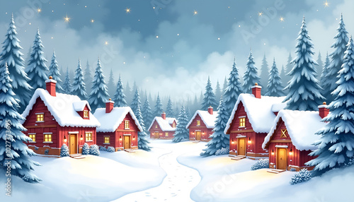 Winter landscape with cozy cottages and snowy trees under starry sky