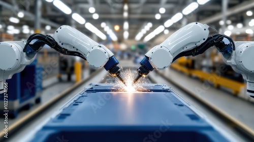 Automated precision: factory scene with robotic arms performing seamless tasks, advanced technology's role in improving efficiency, accuracy, transforming modern production processes.