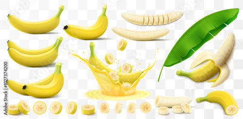 Set of bananas isolated on transparent background. Whole and half a banana, pieces and sliced. Peeled banana and banana in a splash of juice. A leaf of a banana tree. Realistic 3d vector illustration.