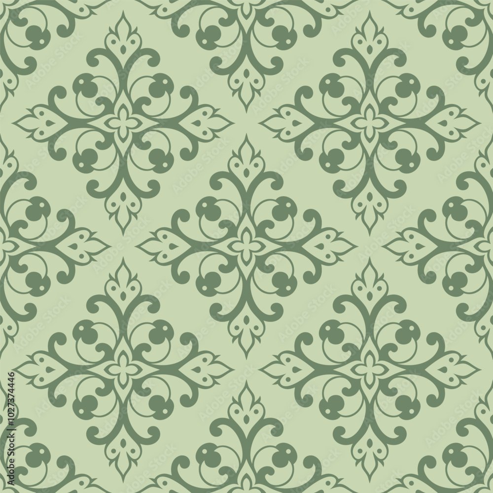 Seamless floral damask pattern in soft green tones, ideal for wallpaper, textile design, and digital backgrounds, bringing elegance and classic charm to projects Seamless floral damask pattern in soft green tones, ideal for wallpaper, textile design, and digital backgrounds, bringing elegance and classic charm to projects