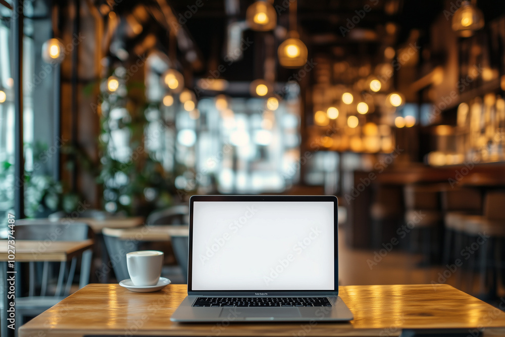 A laptop with a blank white screen on a wooden table in a coffee shop, with a blurred background and a bokeh effect, in a minimalist style. A laptop with a blank white screen on a wooden table in a coffee shop, with a blurred background and a bokeh effect, in a minimalist style.