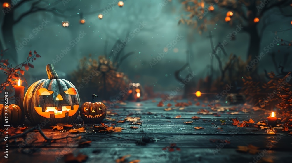 Naklejka premium Halloween background wallpaper concept with empty space and Jack O Lantern pumpkin. Spooky, scary, dark Halloween landscape at night with bats. Happy Halloween!