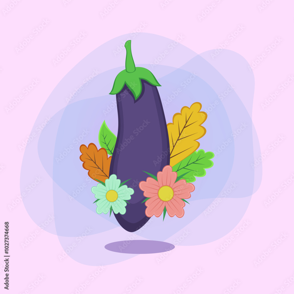 Huge eggplant with autumn leaves and flowers vector illustration. Cartoon drawings for poster or banner design. Nature, vegetables, autumn or fall, harvest, Thanksgiving day concept Huge eggplant with autumn leaves and flowers vector illustration. Cartoon drawings for poster or banner design. Nature, vegetables, autumn or fall, harvest, Thanksgiving day concept