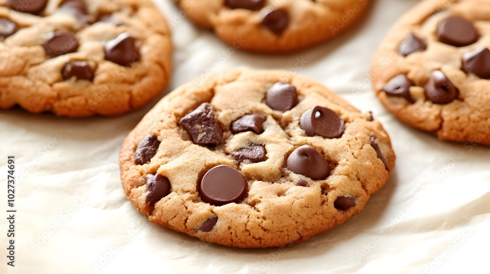 Freshly Baked Chocolate Chip Cookies on Parchment Paper in Clean Setting Freshly Baked Chocolate Chip Cookies on Parchment Paper in Clean Setting