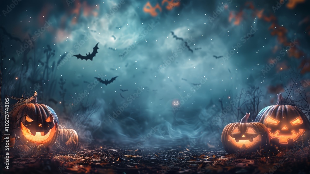 Naklejka premium Halloween background wallpaper concept with empty space and Jack O Lantern pumpkin. Spooky, scary, dark Halloween landscape at night with bats. Happy Halloween!