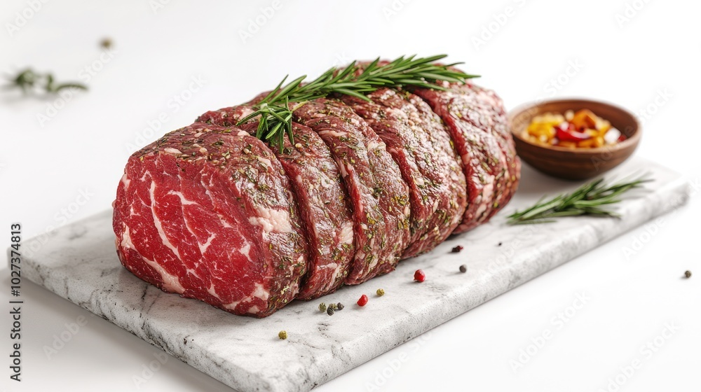 A beautifully marbled beef roast garnished with fresh herbs awaits culinary creativity A beautifully marbled beef roast garnished with fresh herbs awaits culinary creativity