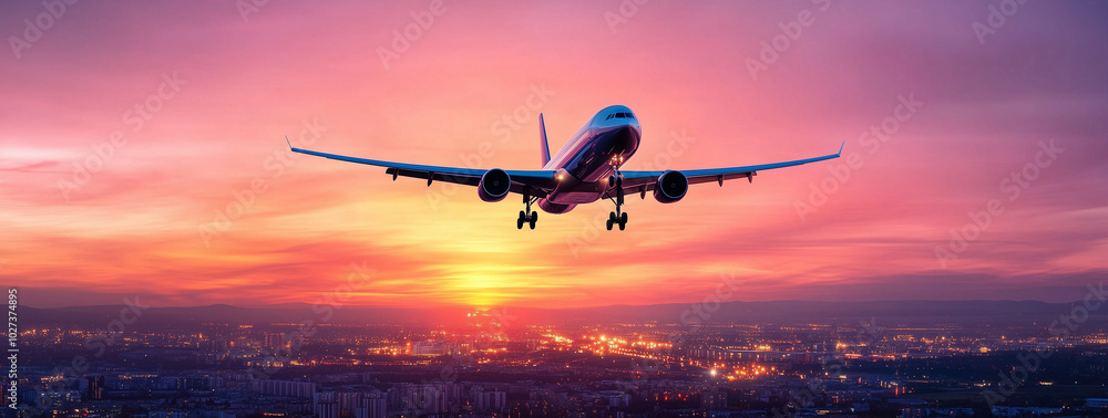 large passenger airplane flying in the sky at sunset, with copy space on one side of it. The plane is centered and viewed from below, large passenger airplane flying in the sky at sunset, with copy space on one side of it. The plane is centered and viewed from below,
