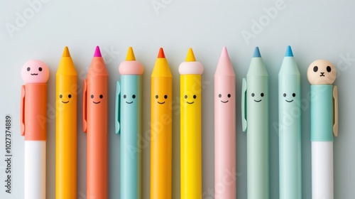 Colorful cute cartoon pens with smiling faces arranged neatly in a row photo