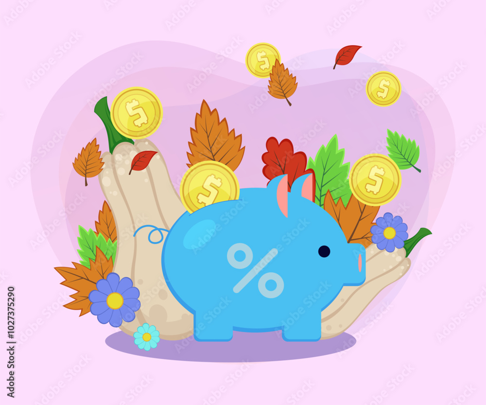 Piggy bank with percent sign and gold coins vector illustration. Autumn leaves, butternut squashes on abstract background. Savings, autumn, finance, promotion concept. Can be used for banner design Piggy bank with percent sign and gold coins vector illustration. Autumn leaves, butternut squashes on abstract background. Savings, autumn, finance, promotion concept. Can be used for banner design