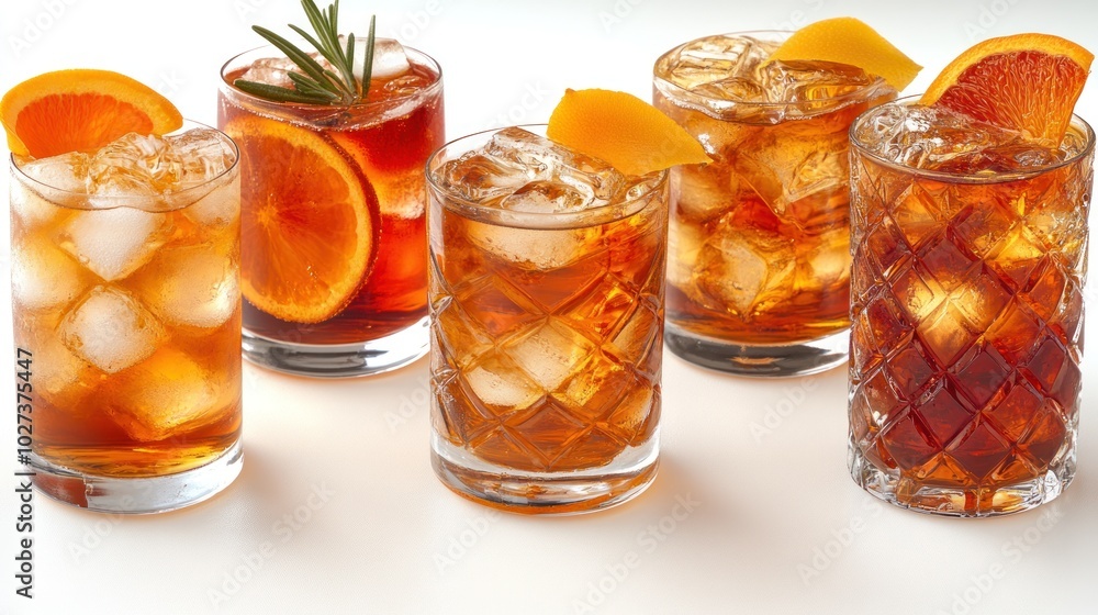 Five vibrant cocktails with ice and fruit garnishes create a festive ambiance Five vibrant cocktails with ice and fruit garnishes create a festive ambiance