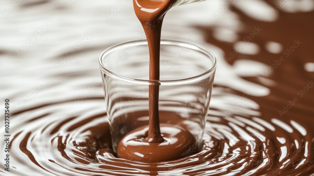 Thick chocolate flows into a glass, sending ripples through glossy liquid chocolate Thick chocolate flows into a glass, sending ripples through glossy liquid chocolate