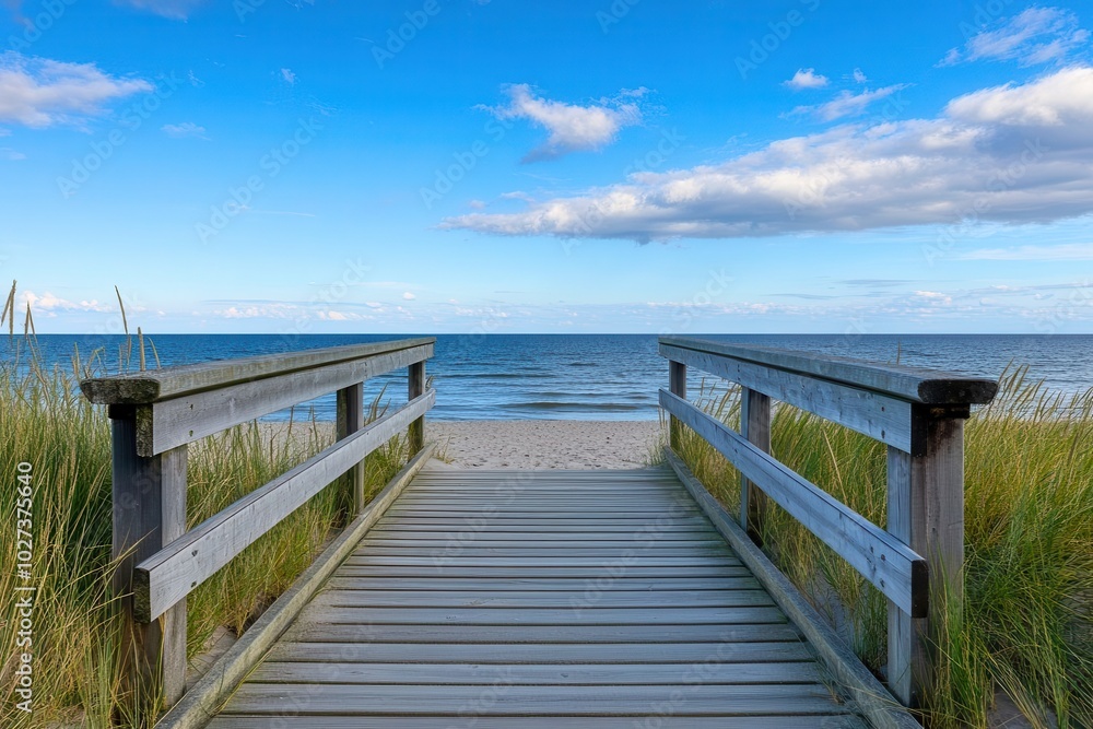 Wooden walkway leading to serene beach under a blue sky with clouds, perfect for relaxation or escape. Wooden walkway leading to serene beach under a blue sky with clouds, perfect for relaxation or escape.