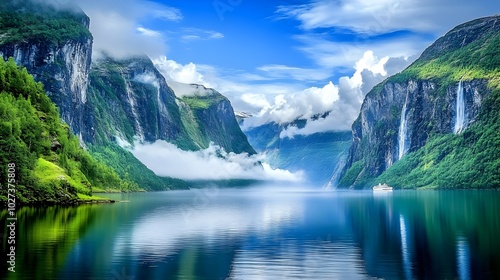 Cruise Ship Sailing Through Fjord With Towering Cliffs,Breathtaking Natural Beauty