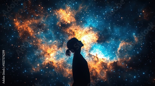 A person stands in silhouette, mesmerized by the vibrant cosmos above
