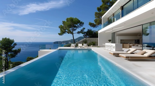 A modern villa with a stunning pool overlooking the sea and lush greenery.