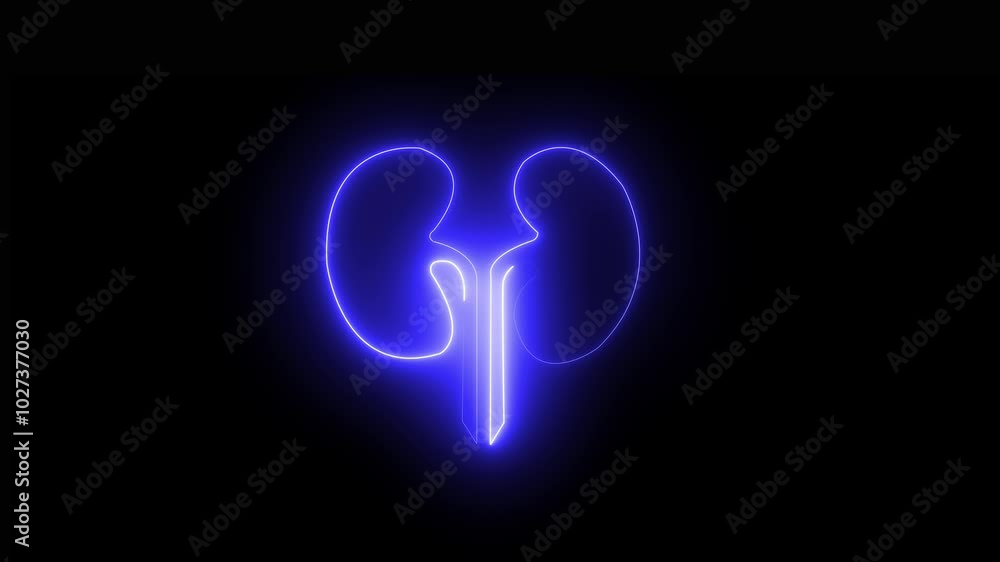 Glowing human kidney icon, 4k video animation. neon line kidneys icon, blue color kidney icon animation with black background. Glowing human kidney icon, 4k video animation. neon line kidneys icon, blue color kidney icon animation with black background.
