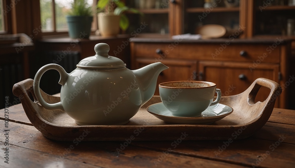 Teapot and cup with a cozy atmosphere on a wooden tray in a warm kitchen interior, copy space Teapot and cup with a cozy atmosphere on a wooden tray in a warm kitchen interior, copy space