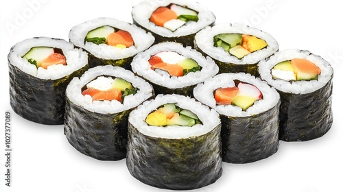 Vibrant sushi rolls with fresh veggies and seafood delight the taste buds