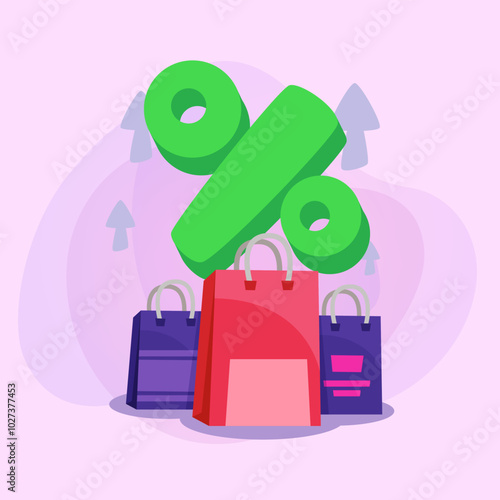 Shopping bags and huge percent sign vector illustration. Silhouettes of arrows up on abstract background. Sale, shopping, special offer, discount concept. Can be used for poster or banner design