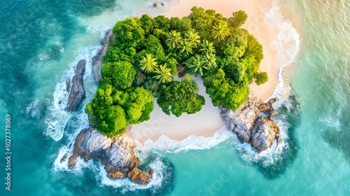 Breathtaking Aerial View of Tropical Island Oasis with Pristine White Beaches and Turquoise Waters