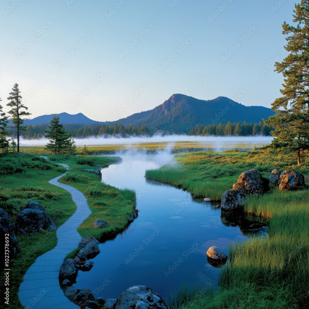 Serene River Landscape with Lush Greenery and Majestic Mountains. Serene River Landscape with Lush Greenery and Majestic Mountains.