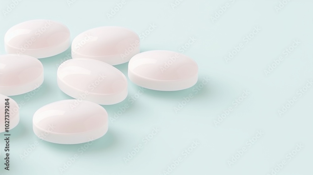 Minimalist arrangement of white pills on light blue background Minimalist arrangement of white pills on light blue background