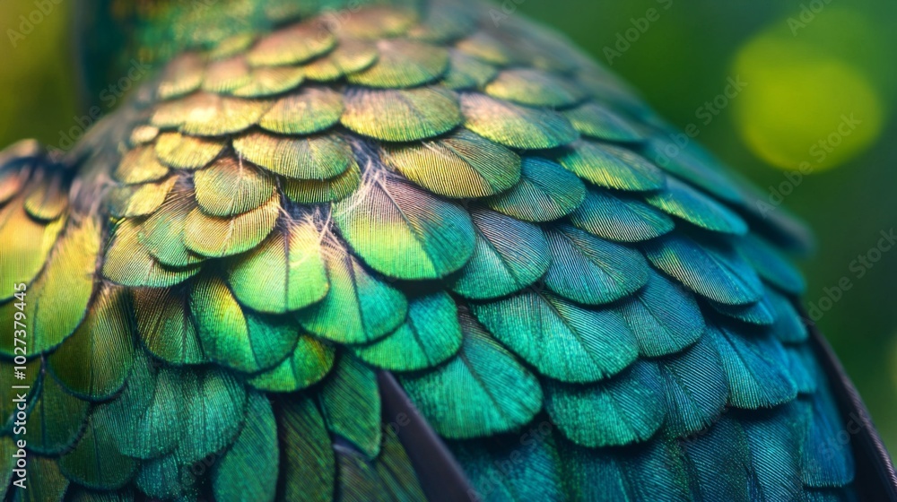Fototapeta premium Close-up of Vibrant Green and Blue Bird Feathers