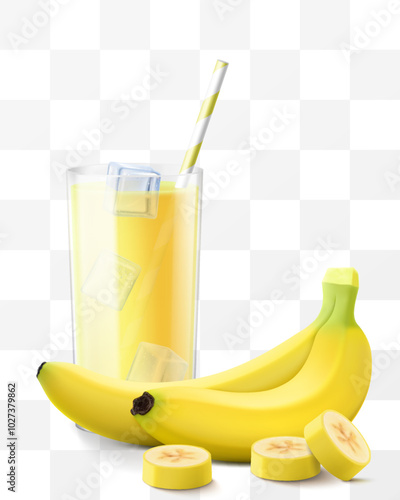 A glass of fresh banana juice or smoothie with ice cubes and straw. Cup of cocktail or yogurt with ripe sweet banana fruits, isolated on transparent background. Realistic 3d vector