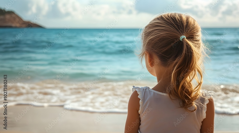 A young child gazes at the tranquil ocean, reflecting innocence and wonder in a serene beach setting. A young child gazes at the tranquil ocean, reflecting innocence and wonder in a serene beach setting.