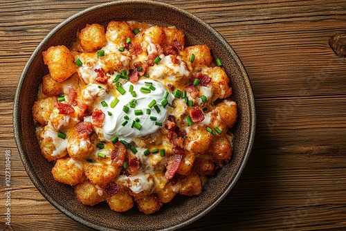 Loaded tater tots with cheese, bacon, and sour cream photo