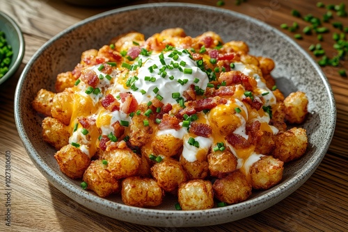 Loaded tater tots with cheese, bacon, and sour cream