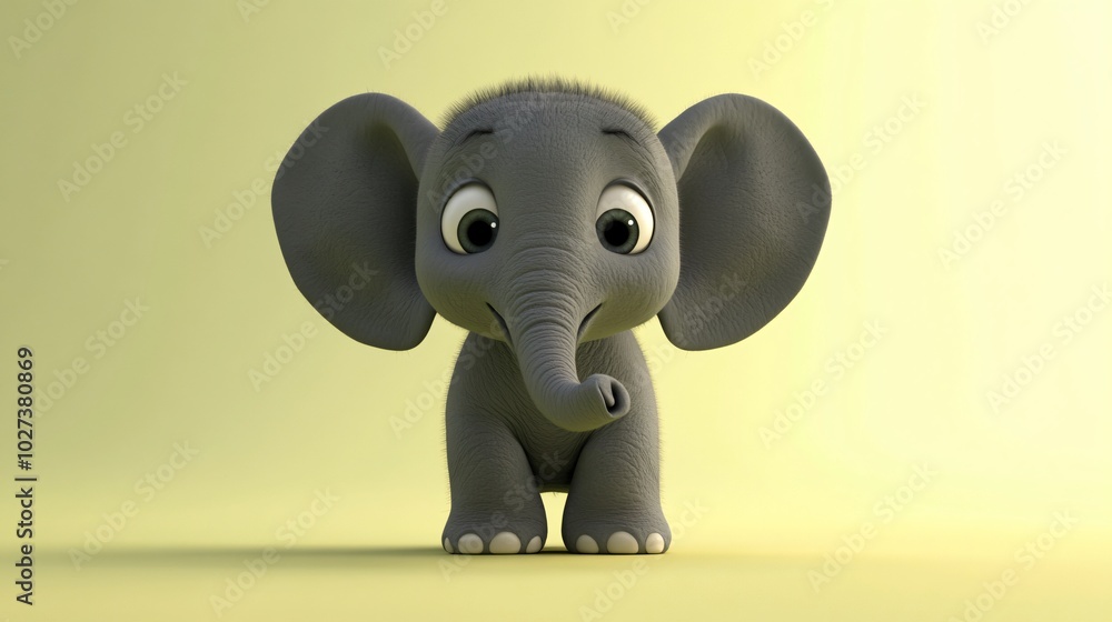 A cute cartoon elephant with big ears and eyes standing on a yellow background. A cute cartoon elephant with big ears and eyes standing on a yellow background.