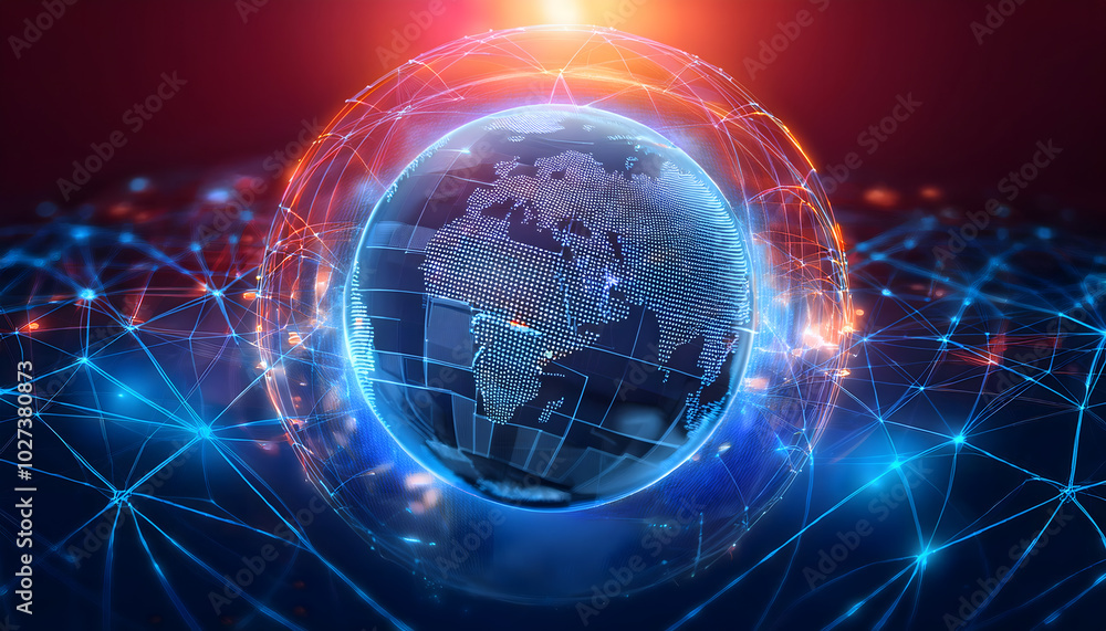 Naklejka premium An interactive educational experience featuring a blue hologram globe with a world map 