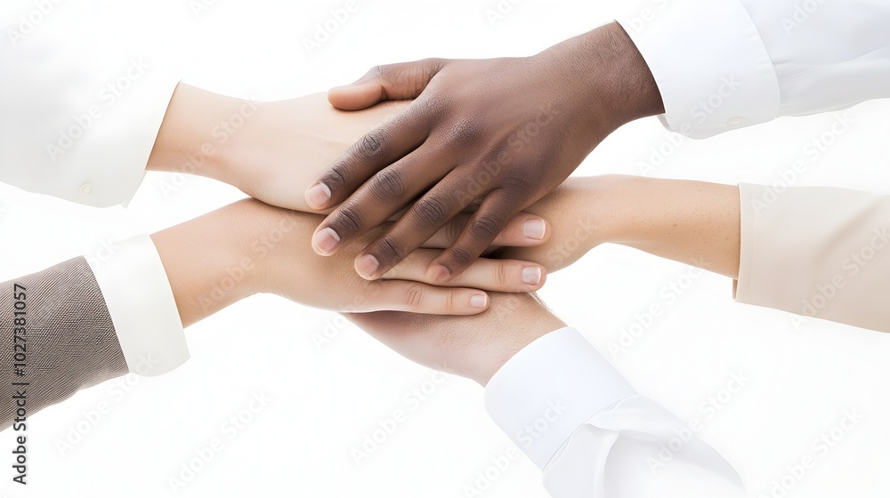 Diverse Hands Stacked in Unity and on White Background Diverse Hands Stacked in Unity and on White Background