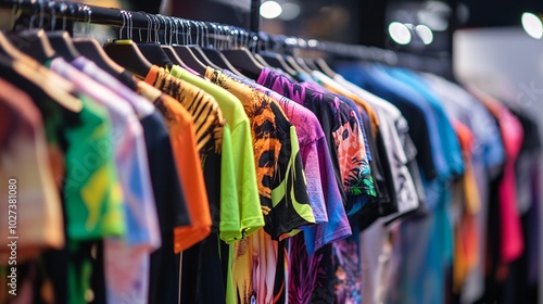 Colorful t-shirts hanging on a rack in a clothing store, close up.