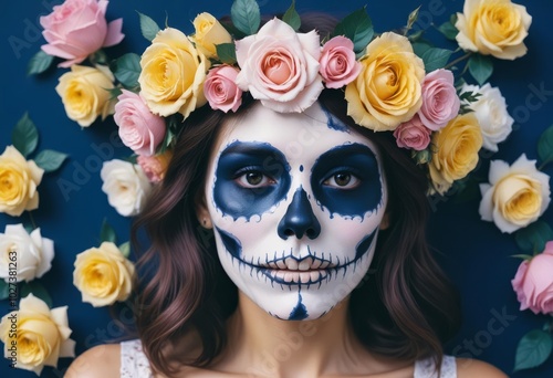 An artistic portrait of a woman with flowers and a skull in face