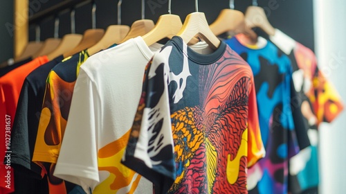 Colorful t-shirts hanging on a rack in a clothing store, close up.