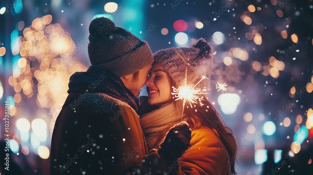 A young couple embraces warmly outdoors amidst a sparkling winter night, celebrating New Year's Eve with bright fireworks illuminating the background A young couple embraces warmly outdoors amidst a sparkling winter night, celebrating New Year's Eve with bright fireworks illuminating the background