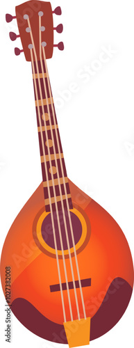 The artwork captures a beautifully designed mandolin with a warm orange hue and detailed craftsmanship highlighting its strings and rounded body.