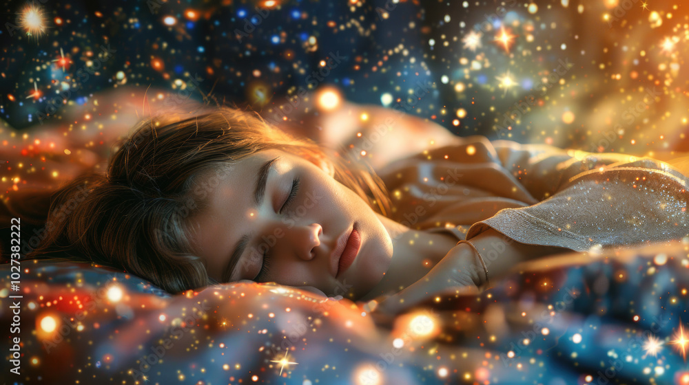 A young woman, bathed in the soft glow of twinkling stars, rests peacefully in a dreamlike state A young woman, bathed in the soft glow of twinkling stars, rests peacefully in a dreamlike state