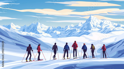 illustration, group multiracial friends enjoying cross country skiing, alpine landscape in background. Group friends cross country skiing. Poster for oudoor activity, winter sports promotion, winter s