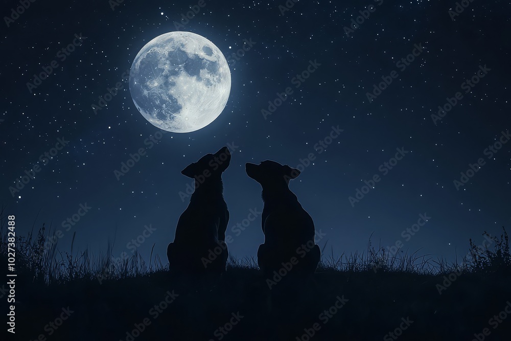 Two dogs silhouetted against full moon Two dogs silhouetted against full moon