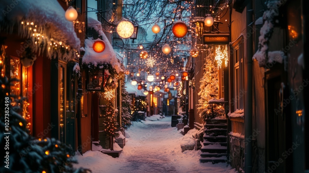 custom made wallpaper toronto digitalA charming alleyway covered in snow, with glowing Christmas lanterns hanging overhead.