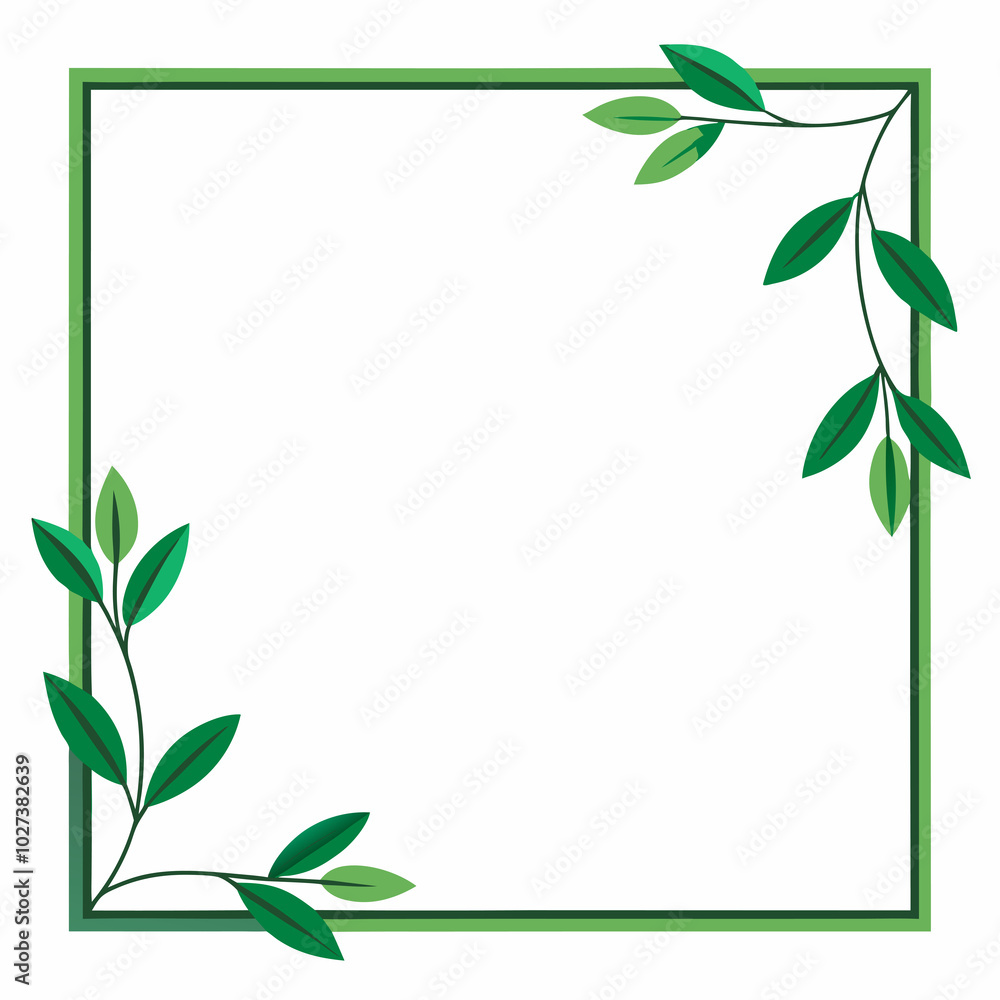 A square frame decorated with green leaves and vines surrounds an empty white space A square frame decorated with green leaves and vines surrounds an empty white space